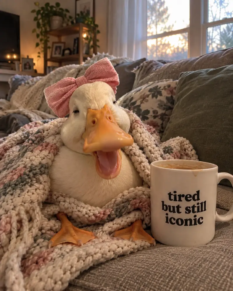 Duck with a pink bow wrapped in a blanket on the couch next to the mug