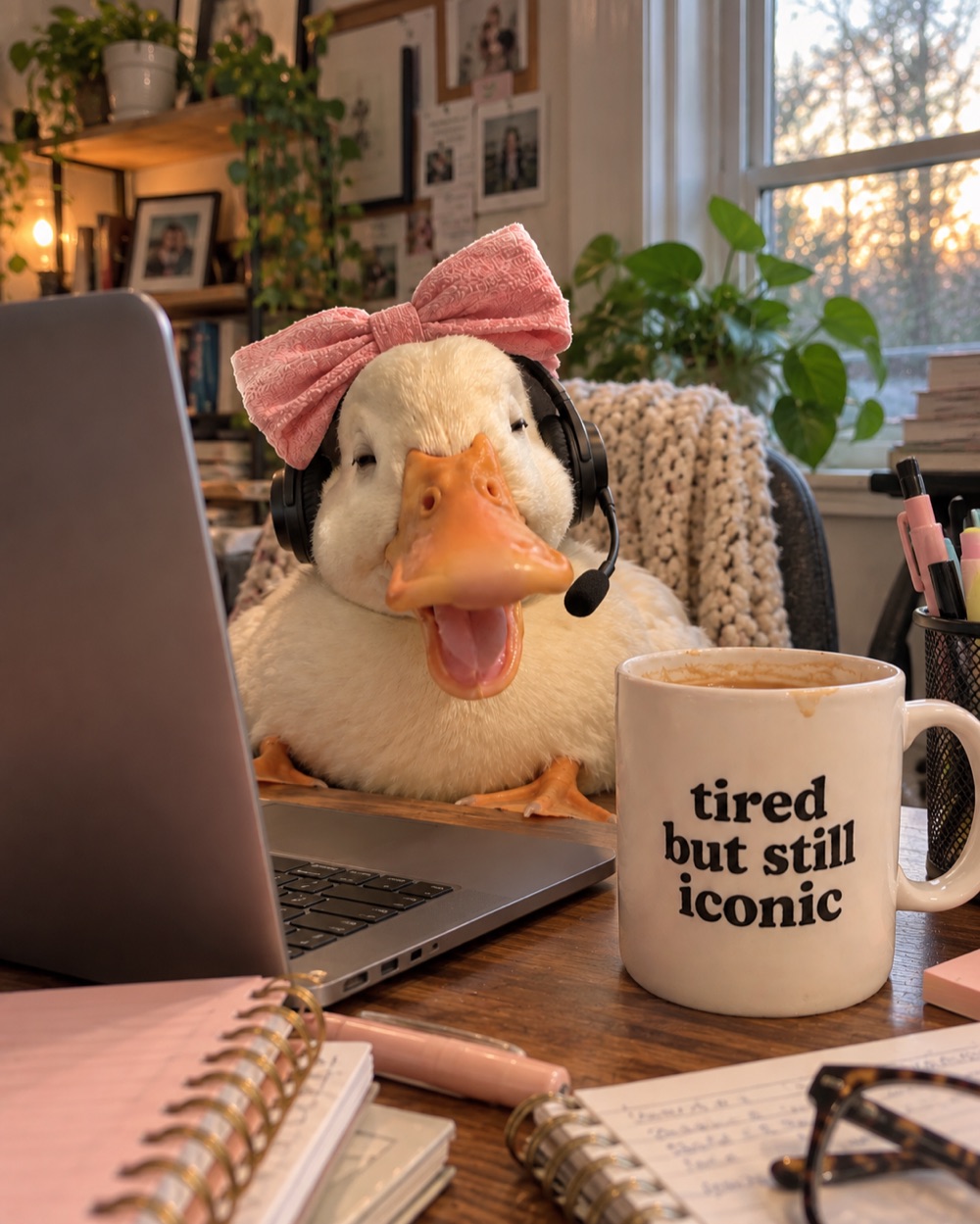 Duck with a pink bow and a headset at a laptop, the mug beside her