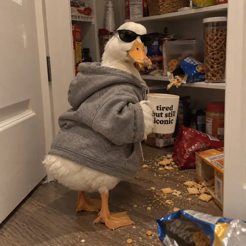 The duck in a hoodie and sunglasses holding the mug in a messy pantry